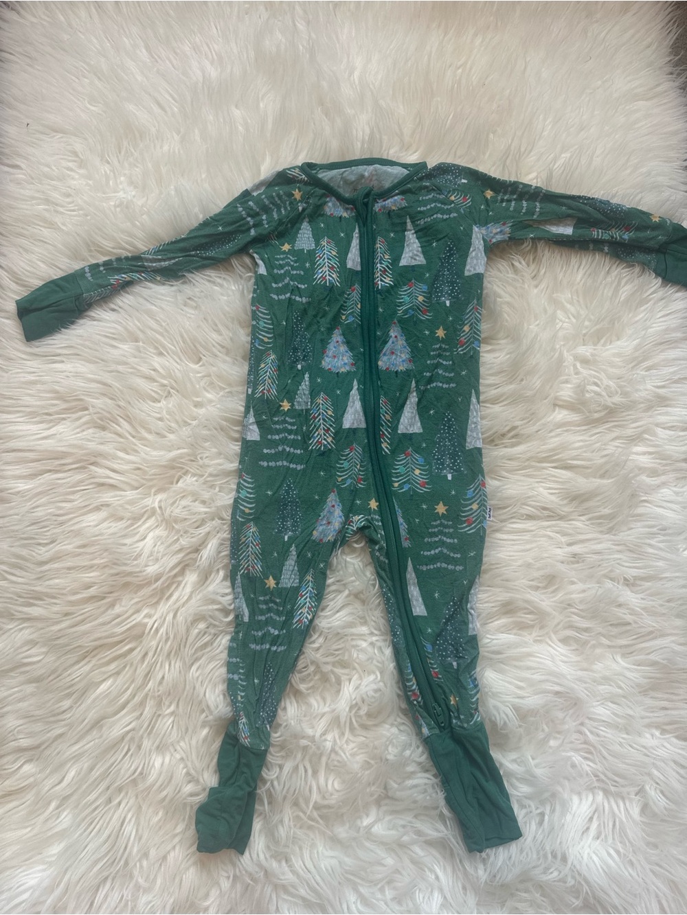 6-12 Months Little Sleepies Green Holiday Tree Print Footed One-Piece
